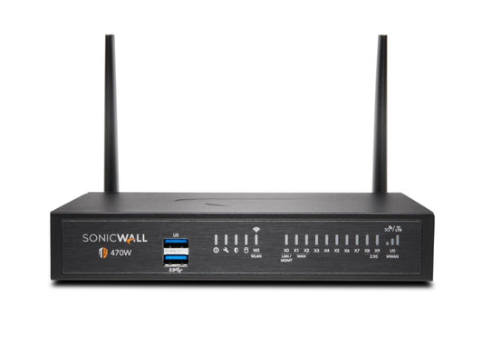 SONICWALL TZ470 Wireless-AC Secure Upgrade Plus - Essential Edition 3YR delivers enterprise-grade protection in a compact desktop form factor. Featuring 13 ports including 8x1GbE and 2x2.5G SFP+, this firewall supports high-speed connectivity with up to 2.5 Gbps data transfer and wireless 802.11a/b/g/n/ac support. Optimized for small to mid-sized businesses requiring robust protection and scalability.