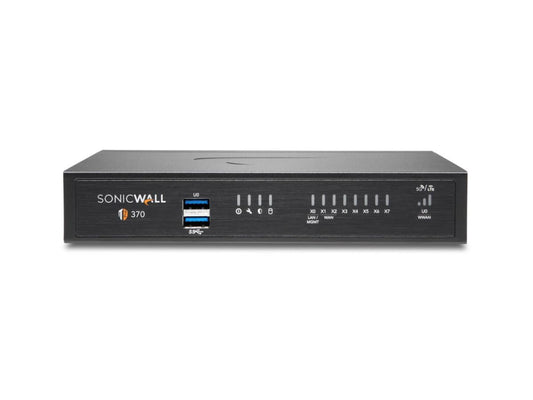 The SonicWall TZ370 TotalSecure Advanced Edition delivers secure, high-performance network protection in a compact desktop form factor. Featuring 8x1GbE ports and SonicOS 7, this unified threat management firewall offers up to 1.5 Gbps intrusion prevention throughput and 1.38 Gbps VPN IPSec throughput, designed for small businesses or branch deployments. Includes a 1-year TotalSecure Advanced Edition license for comprehensive security services.