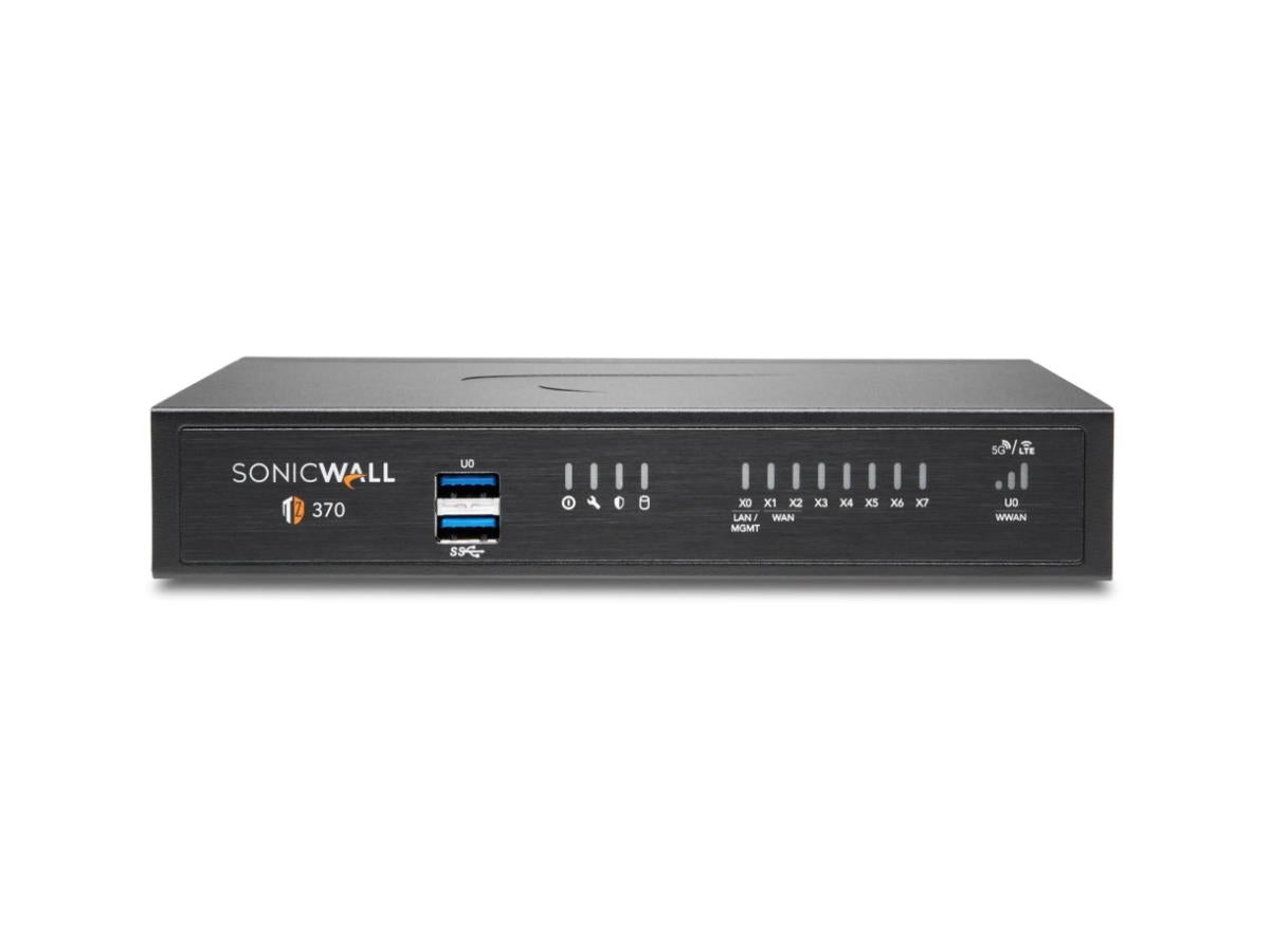 The SONICWALL TZ370 Secure Upgrade Plus Advanced Edition offers enterprise-grade network protection in a compact, desktop form factor. Equipped with 8x1GbE ports, 2 USB 3.0 ports, and comprehensive protocol support, this firewall includes a 2-year advanced security subscription to maximize performance and manageability. It's ideal for small to mid-sized businesses seeking robust threat prevention and VPN performance.