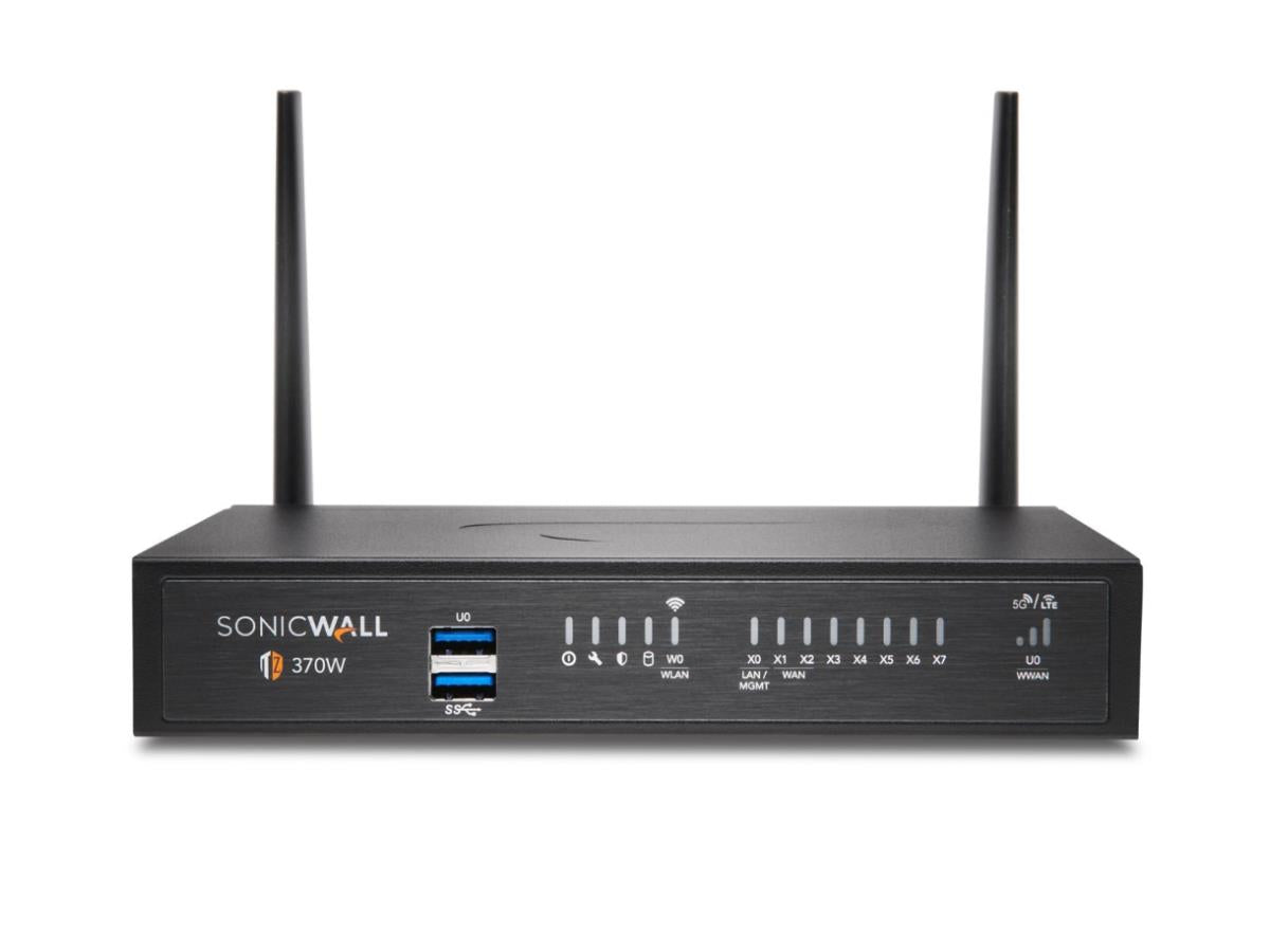 The SONICWALL TZ370W Wireless-AC TotalSecure Essential Edition delivers next-generation firewall protection with 1Gbps throughput and integrated 802.11a/b/g/n/ac wireless. Equipped with 8x1GbE ports, 2 USB 3.0 ports, and support for advanced encryption protocols, this compact desktop device is ideal for securing small to mid-sized networks. It also includes a one-year TotalSecure Essential Edition subscription for comprehensive security services.