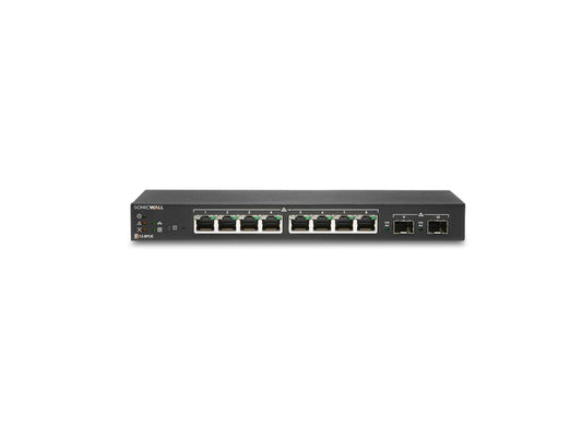 The SONICWALL SWS12-8 switch is a compact, desktop-form networking switch designed for environments requiring wired Gigabit Ethernet and simplified remote management. Equipped with 8 RJ45 LAN ports and 2 SFP+ ports, it supports high-speed uplinks and a total of 10 networking interfaces. It includes 1 year of wireless network management and support, making it ideal for secure SD-Branch-ready deployments.
