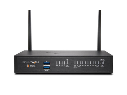 The SONICWALL TZ470 Wireless-AC INTL Promotional Tradeup delivers high-performance security and connectivity in a compact desktop form factor. Featuring 8x1GbE ports, dual 2.5G SFP+ interfaces, and built-in wireless AC support, this firewall provides extensive protection and throughput up to 2.5 Gbps. This model includes 3 years of Advanced Protection Subscription Services (APSS) and supports SonicOS 7 for advanced software control and visibility.