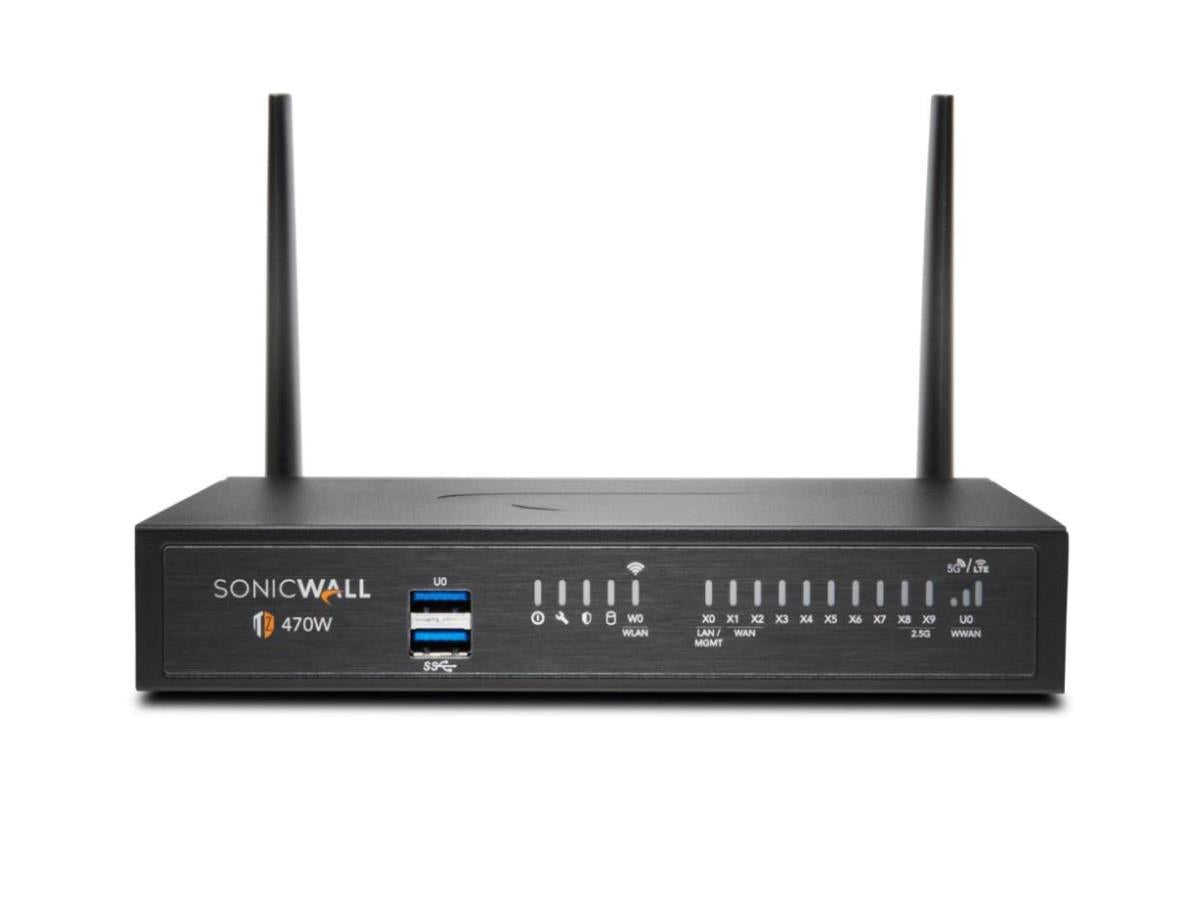 The SONICWALL TZ470 Wireless-AC is a powerful, tradeup-enabled security appliance bundled with 3 years of EPSS. Designed for modern SMBs, it features advanced threat prevention, 13 high-speed ports including 2.5G SFP+, wireless connectivity, and robust VPN/IPSec throughput. This desktop firewall delivers high-performance security in a compact, TAA-compliant form.