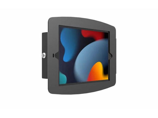 The Space 10.2IN iPad Enclosure from Compulocks offers secure and flexible wall mounting with a sleek black design, rounded edges, and open corners for better airflow and button access. Designed for the iPad 10.2 (2019), this mount allows continuous charging and cable connectivity and supports standard VESA patterns for easy installation. Its compatibility with T-bar cable locks provides added security, making it an ideal solution for public and professional settings.