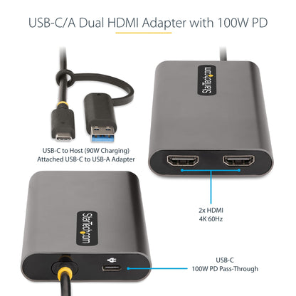 Adaptateur StarTech USB-C/USB-A vers double HDMI 4K avec transfert PD – 30 cm