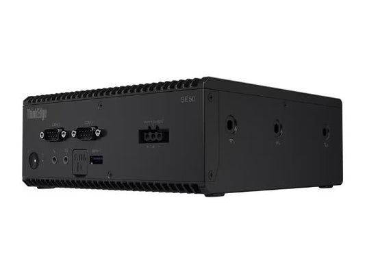 The Lenovo ThinkEdge SE50 is a compact industrial desktop engineered for performance and reliability. Powered by an Intel Core i7-8665UE quad-core processor, 16GB of DDR4 RAM, and a 256GB SATA SSD, it delivers efficient computing for edge environments. With wireless connectivity via IEEE 802.11ac and Bluetooth, and Ubuntu Linux pre-installed, this system is ideal for modern, connected, and secure deployments.