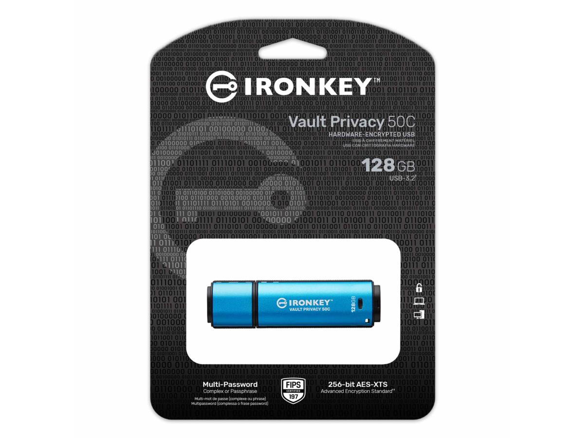 The Kingston 128GB IronKey Vault Privacy 50C offers high-performance and secure portable storage with AES-256 encryption and FIPS 197 certification. Designed with a USB-C interface and USB 3.2 Gen 1 support, it ensures fast data access while maintaining rigorous data protection standards. Ideal for professionals requiring TAA compliance and peace of mind with a 5-year warranty.