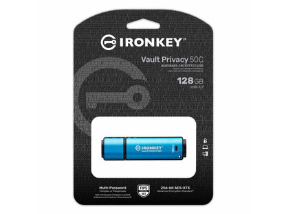 The Kingston 128GB IronKey Vault Privacy 50C offers high-performance and secure portable storage with AES-256 encryption and FIPS 197 certification. Designed with a USB-C interface and USB 3.2 Gen 1 support, it ensures fast data access while maintaining rigorous data protection standards. Ideal for professionals requiring TAA compliance and peace of mind with a 5-year warranty.