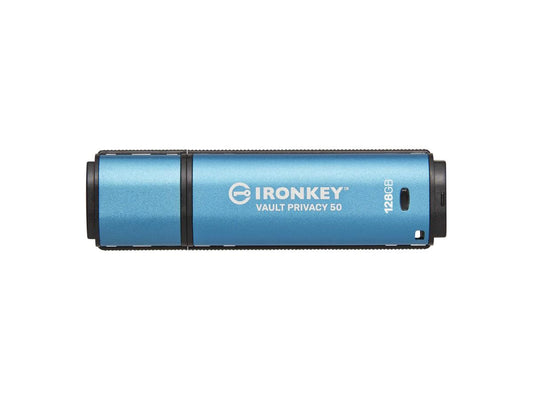 The Kingston IronKey Vault Privacy 50 is a 128GB AES-256 hardware-encrypted USB 3.2 flash drive designed for high-assurance data protection. It meets FIPS 197 and TAA compliance standards, making it ideal for professional, government, or regulated industry use. With compatibility across Windows and macOS, this device provides secure, portable storage backed by a 5-year warranty.