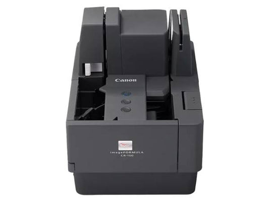The Canon imageFORMULA CR-150 is a compact check transport scanner designed for high-volume check processing. With a 150-sheet ADF and speeds up to 150 checks per minute, it streamlines transactions efficiently via Hi-Speed USB 2.0. It is ideal for financial institutions handling up to 12,000 scans daily.