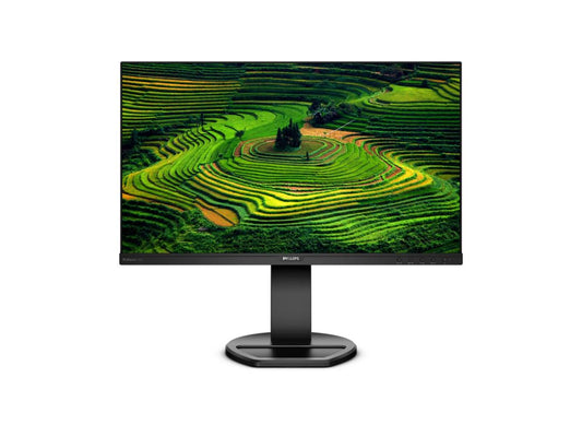 PHILIPS 241B8QJEB is a 24-inch Full HD LED monitor designed for professional environments, offering crisp 1920x1080 resolution and versatile connectivity. With DisplayPort, HDMI, VGA, DVI, and an integrated USB hub, it caters to diverse setup needs. The height-adjustable stand, LowBlue Mode, and anti-glare coating enhance user comfort, while TAA compliance and a 4-year advance replacement warranty add value for government and enterprise buyers.