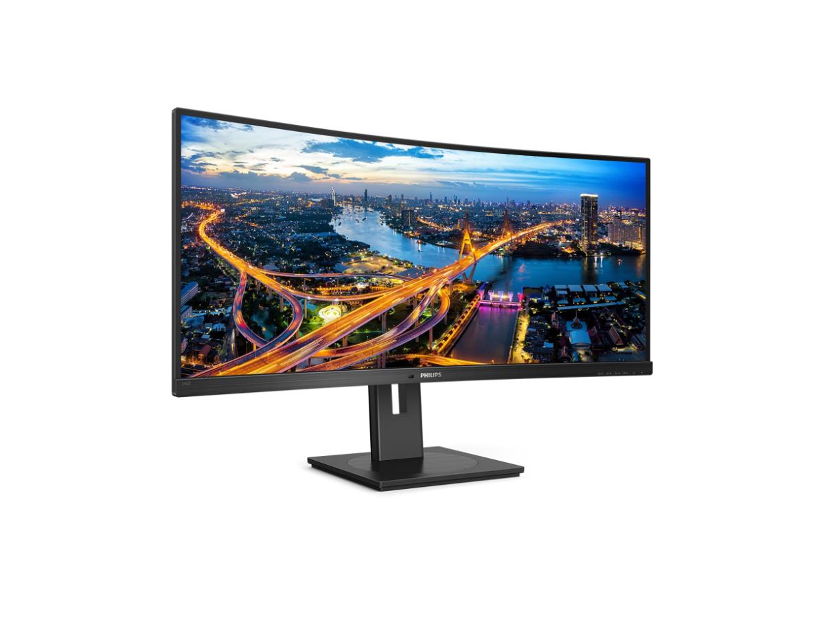 The Philips 346B1C is a 34-inch curved LCD monitor featuring WQHD resolution (3440 x 1440), USB-C docking, and TAA compliance for government use. Designed for productivity and immersive visuals, it offers a 100Hz refresh rate, 3000:1 contrast ratio, and advanced ergonomic adjustments, including tilt, swivel, and height. Integrated connectivity options include USB-C, DisplayPort, HDMI, built-in USB hub, RJ45 LAN, and audio out, making it ideal for multitasking, creative, or office environments.