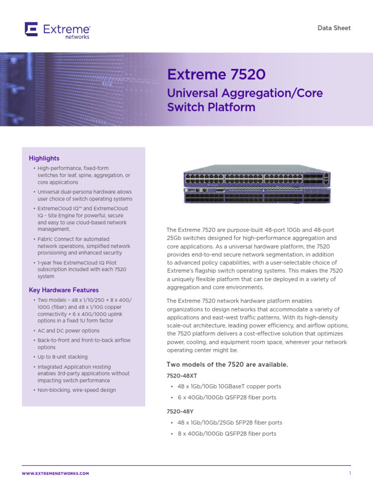 Commutateur Extreme 7520-48XT 48 ports, flux d'air avant-arrière, double climatisation, 6 ventilateurs