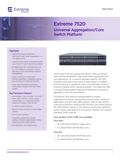 Commutateur Extreme 7520-48XT 48 ports, flux d'air avant-arrière, double climatisation, 6 ventilateurs