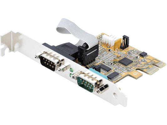 Connect legacy RS232 (DB9) devices to modern PCs using the StarTech 2-Port PCI Express Serial Card. This TAA-compliant card supports 16C1050 UART communication and provides 5/12V power over pin 9, making it ideal for industrial or commercial environments needing reliable serial connectivity. LED indicators offer easy activity monitoring for each port, enhancing both troubleshooting and visibility.