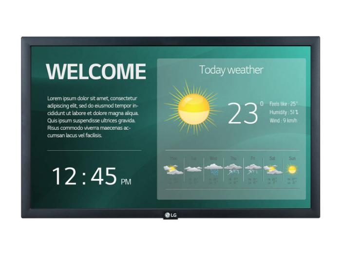 The LG 22SM3G-B is a 22-inch Full HD monitor with IPS display technology, 250-nit brightness, and multiple connectivity options including dual HDMI, USB 2.0 Type-A, and LAN. It features built-in Wi-Fi, internal 8GB memory, local key operation, temperature sensors, and supports picture-in-picture modes. Ideal for commercial signage, this monitor ensures clarity, durability, and versatile deployment in various environments.