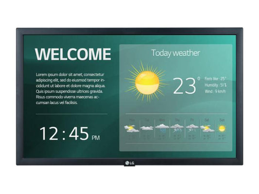 The LG 22SM3G-B is a 22-inch Full HD monitor with IPS display technology, 250-nit brightness, and multiple connectivity options including dual HDMI, USB 2.0 Type-A, and LAN. It features built-in Wi-Fi, internal 8GB memory, local key operation, temperature sensors, and supports picture-in-picture modes. Ideal for commercial signage, this monitor ensures clarity, durability, and versatile deployment in various environments.