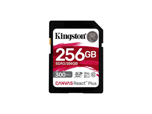 The Kingston 256GB Canvas React Plus SDXC UHS-II memory card delivers exceptional speed and performance for demanding video formats including Full HD, 4K, and 8K. With up to 300MB/s read and 260MB/s write speeds, it meets UHS Speed Class 3 (U3) and Video Speed Class 90 (V90) standards, making it ideal for professional cameras and high-resolution video recording.