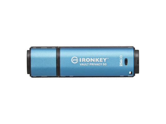 The Kingston IronKey Vault Privacy 50 offers 256GB of AES-256 encrypted storage, secured under FIPS 197 certification. Designed for users who demand stringent data protection, this TAA-compliant flash drive delivers high-level privacy through a USB Type-A interface and includes a 5-year limited warranty for added peace of mind.