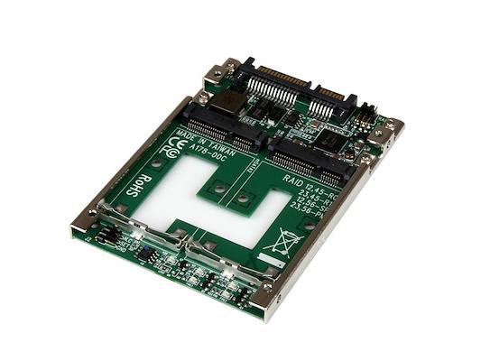 Build a high-speed RAID array with the STARTECH Dual mSATA SSD to 2.5" SATA RAID Adapter. This converter enables the installation of two full-size mSATA SSDs into a standard 2.5-inch SATA drive bay, offering flexible RAID 0, 1, or JBOD configurations. With support for up to 6 Gbps transfer rates and a slim 7mm profile, it provides an efficient, compact solution for enhancing system performance and data redundancy.