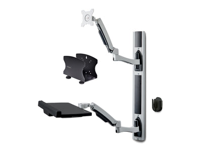 WALL MOUNT WORKSTATION, VESA MOUNT FOR 32 MONITORS (22LB/10KG), FULLY ARTICULATING SINGLE MONITOR MOUNT &amp; KEYBOARD TRAY W/DESKTOP COMPUTER/PC BRACKET