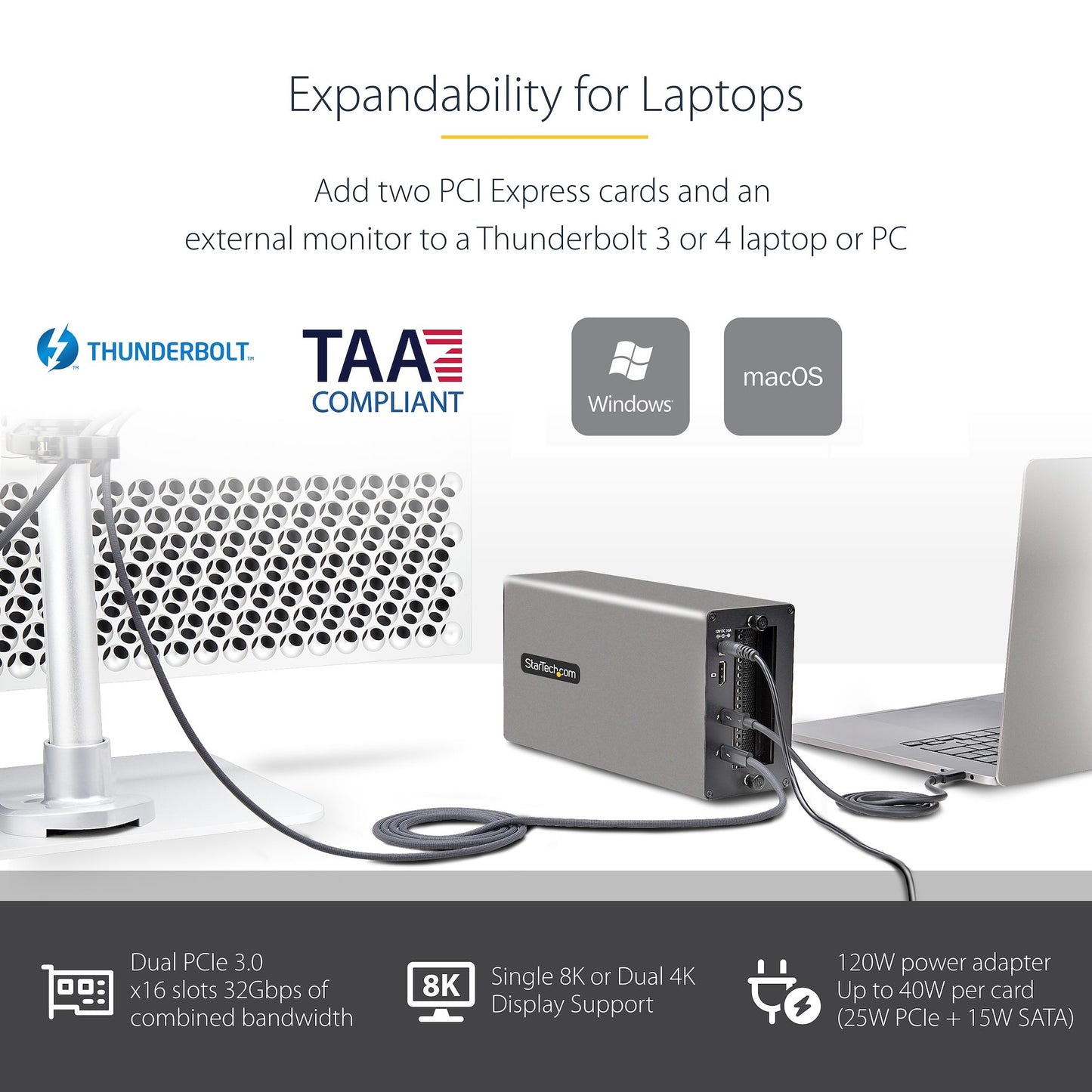 StarTech Thunderbolt 3 Dual PCIe Expansion Chassis, 8K/4K Output, Toolless