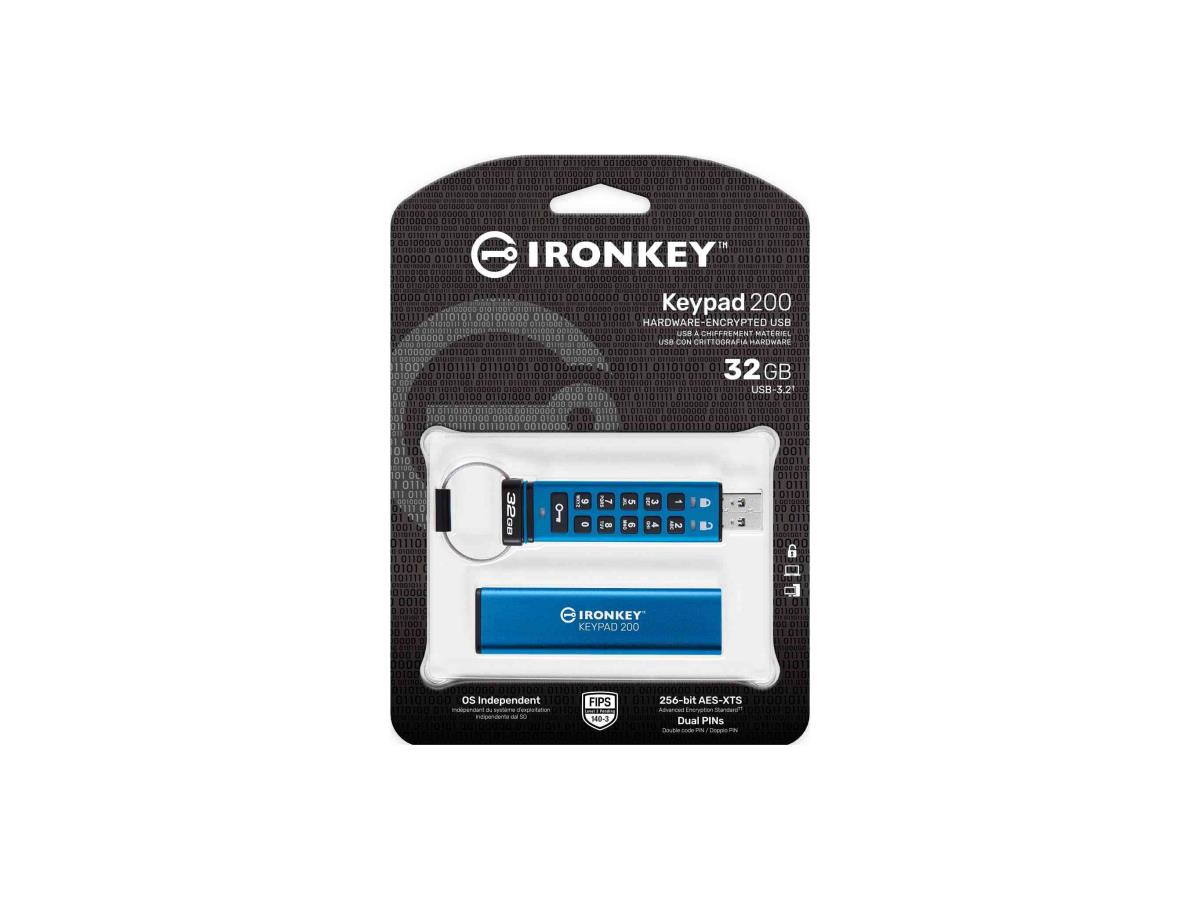 The Kingston IronKey Keypad 200 is a 32GB USB flash drive designed with robust security in mind. It features AES-256 encryption and is pending FIPS 140-3 Level 3 certification, making it ideal for safeguarding sensitive data. With a USB 3.2 Gen 1 interface and durable build, it offers secure, efficient portable storage.