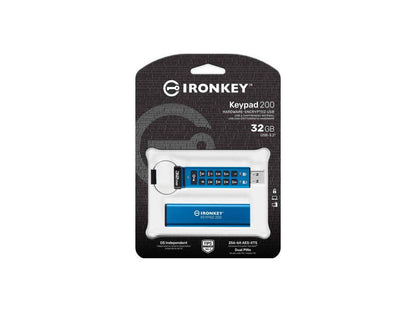 The Kingston IronKey Keypad 200 is a 32GB USB flash drive designed with robust security in mind. It features AES-256 encryption and is pending FIPS 140-3 Level 3 certification, making it ideal for safeguarding sensitive data. With a USB 3.2 Gen 1 interface and durable build, it offers secure, efficient portable storage.