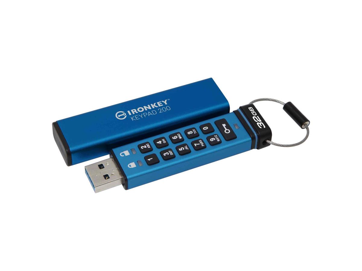 The Kingston IronKey Keypad 200 is a 32GB USB flash drive designed with robust security in mind. It features AES-256 encryption and is pending FIPS 140-3 Level 3 certification, making it ideal for safeguarding sensitive data. With a USB 3.2 Gen 1 interface and durable build, it offers secure, efficient portable storage.
