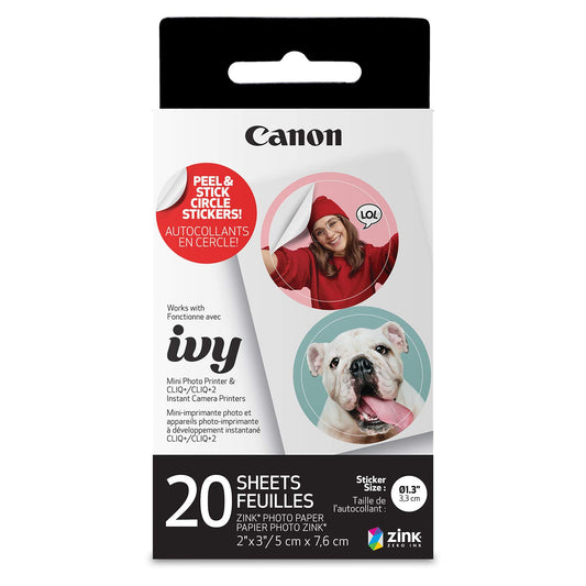 Pack de papier autocollant circulaire prédécoupé Canon Zink, 2" x 3", 20 feuilles