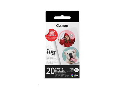 Canon Zink Pre-Cut Circle Sticker Paper Pack includes 20 easy-to-use 2" x 3" ZINK sticker sheets, delivering mess-free printing with vibrant results. With two packs per box and TAA compliance, it's a convenient solution for creative labeling, decorating, or organizing tasks.
