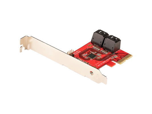 The STARTECH 4-Port SATA PCIe Card offers high-speed storage expansion with four SATA III 6Gbps ports through PCIe 3.0 x2 connectivity. Compatible with a broad range of operating systems and supporting ATA/ATAPI devices, it’s designed for users needing reliable, non-RAID disk additions to desktops or workstations. Ideal for HDDs, SSDs, and optical drives, this TAA-compliant card includes full and low-profile brackets to suit varied chassis configurations.