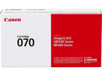 The Canon 070 Black Toner Cartridge is designed for consistent performance with Canon's MF465dw, MF462dw, LBP247dw, and LBP246dw laser printers. Offering a page yield of up to 3,000 pages, it ensures high-quality black-and-white printing for business environments. This genuine toner supports TAA compliance and is manufactured in South Korea.