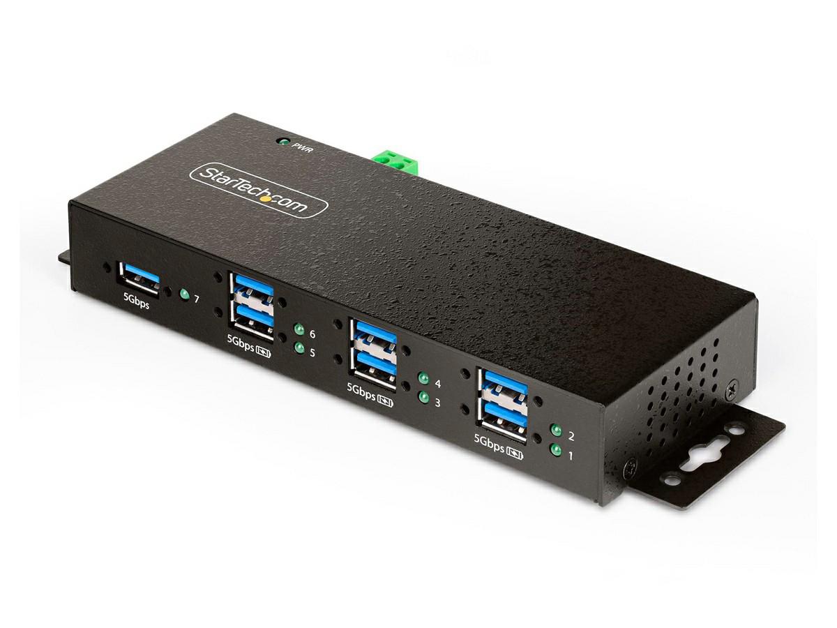 7-PORT MANAGED USB HUB - HEAVY DUTY WITH METAL INDUSTRIAL HOUSING, ESD &amp; SURGE PROTECTION - 7X USB-A - WALL/DESK/DIN-RAIL MOUNTABLE - USB 3.2 (5GBPS)