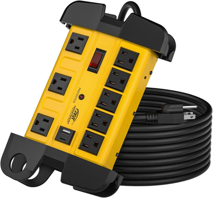 CRST Mountable Heavy Duty Metal Power Strip, 8 Wide Spaced Outlets, Dual USB (USB-A & USB-C) Port, 1350J Surge Protector for Garage Workshop Office Home, Optional 6FT/15FT Extension Cord, 36-Month Warranty