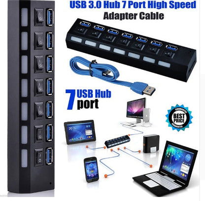 7-Port USB 3.0 External Hub with High-Speed Connectivity and Power Adapter