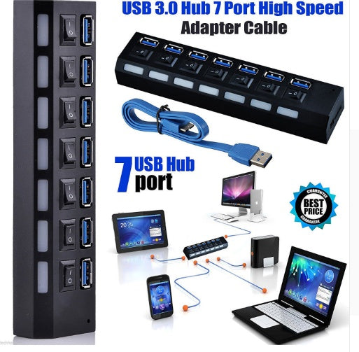 7-Port USB 3.0 External Hub with High-Speed Connectivity and Power Adapter