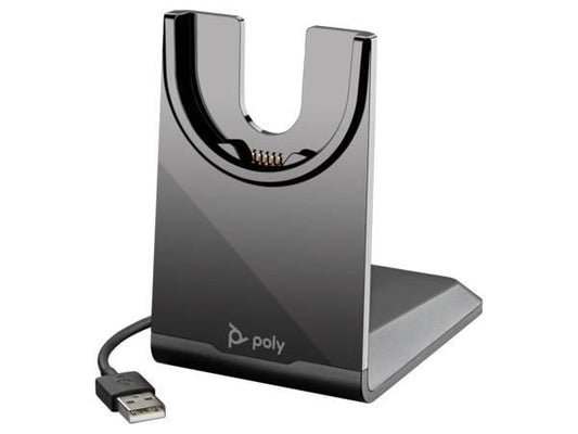The Poly Voyager USB-A Charging Stand is designed for seamless compatibility with Voyager Focus 2 and Voyager 4300 UC Series headsets. It provides a dedicated space to power and store your headset efficiently while maintaining a tidy workspace. Built for high-performance environments, it comes with a standard limited one-year warranty.