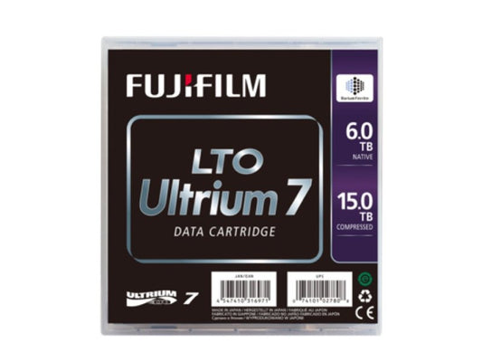FUJIFILM’s LTO Ultrium 7 Data Cartridge delivers a native capacity of 6TB and compressed capacity of up to 15TB, offering high density tape storage for data-intensive environments. Featuring barcode labeling and secure packaging, these cartridges are ready for enterprise-level archiving or backup workflows and must be drop-shipped in set quantities for efficiency.