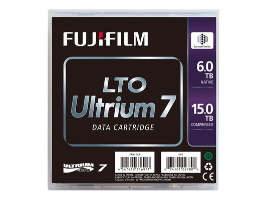 FUJIFILM LTO Ultrium 7 Data Cartridge delivers reliable high-capacity data storage with a native capacity of 6TB and compressed capacity of 15TB. Ideal for enterprise tape-based backup systems, it offers up to 750MB/sec transfer speed and comes barcode-labeled, ready for library integration. This model is provided without an individual plastic case and shipped in vendor-direct multiples of 20.