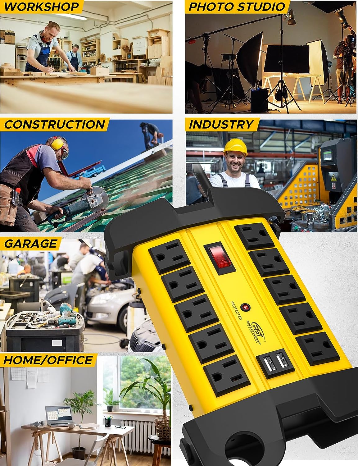 CRST 10 Outlets Dual USB Mountable Heavy Duty Metal Power Strip Surge Protector with Cord Wrapping Design, 15FT Power Cord