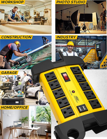 CRST 10 Outlets Dual USB Mountable Heavy Duty Metal Power Strip Surge Protector with Cord Wrapping Design, 15FT Power Cord