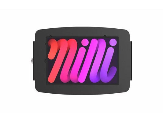 The Space 8.3IN iPad Mini Enclosure by COMPULOCKS features a sleek black finish, ventilated rounded edges, and open corners for better airflow and limited input access. Designed for the 6th Gen iPad Mini, it supports charging while mounted and offers multiple installation options, including VESA compatibility. Ideal for secure, high-traffic professional environments, this rugged wall mount is also lock-compatible for enhanced security.