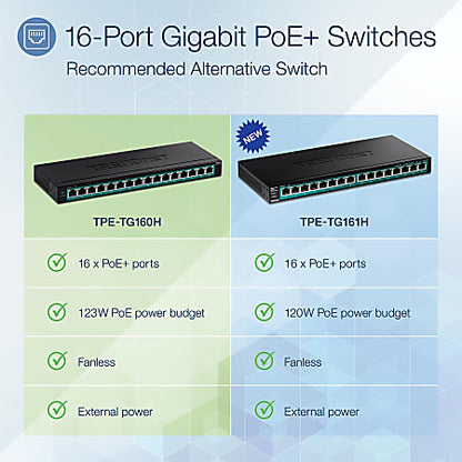 TRENDnet TPE-TG160H 16-Port Gigabit PoE+ Switch (123W)