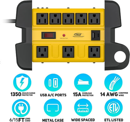 CRST Mountable Heavy Duty Metal Power Strip, 8 Wide Spaced Outlets, Dual USB (USB-A & USB-C) Port, 1350J Surge Protector for Garage Workshop Office Home, Optional 6FT/15FT Extension Cord, 36-Month Warranty