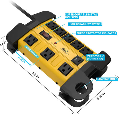 CRST Mountable Heavy Duty Metal Power Strip, 8 Wide Spaced Outlets, Dual USB (USB-A & USB-C) Port, 1350J Surge Protector for Garage Workshop Office Home, Optional 6FT/15FT Extension Cord, 36-Month Warranty