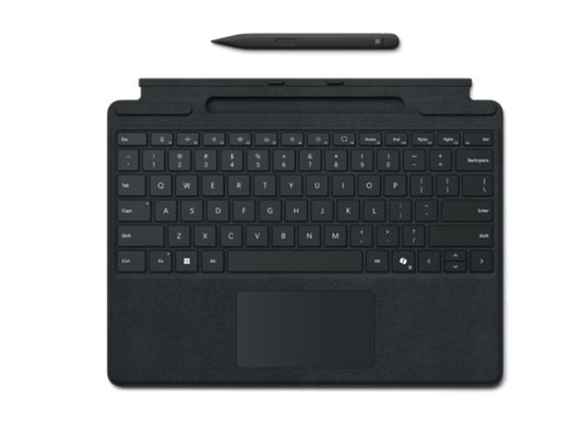 Microsoft Surface black Pro Keyboard with dedicated pen storage is designed for business productivity and versatility. It features a magnetic attachment for compatible Surface Pro devices, a Microsoft Copilot key, and integrated shortcut keys for efficient workflows. Compatible with Surface Pro 10 for Business, Surface Pro 9, and Surface Pro 8. Pen is not included and must be purchased separately. This slim, black external keyboard enhances typing comfort and offers quick device connectivity.
