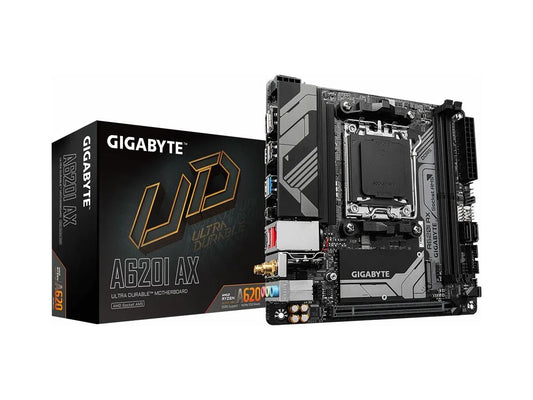 The GIGABYTE A620I AX is a compact Mini ITX AM5 motherboard designed for AMD Ryzen 7000 and 8000 Series processors. Featuring support for DDR5 memory, up to 96 GB, and essential connectivity options like USB, Ethernet, HDMI, and DisplayPort, it delivers reliable performance for small form factor builds. Designed for users looking to build high-performance systems in compact spaces.