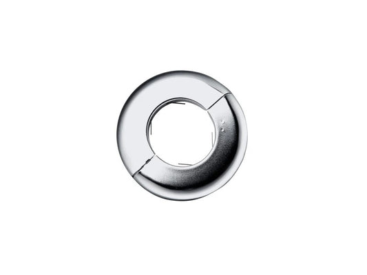 The Peerless ACC002 Escutcheon Ring is a chrome-finished accessory designed for easy installation on 2.3-inch diameter poles. It opens effortlessly and snaps into place without requiring tools, providing a clean, professional look for cable and pole installations. Ideal for enhancing aesthetics while offering compliance with TAA standards.