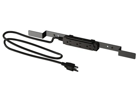 This Peerless electrical outlet includes a black three-outlet power strip with a 20-foot (5m) cord and US-style plug. Designed for seamless integration with SmartMount SR Flat Panel Carts and SS Flat Panel Stands, it provides a reliable power solution with a clean and manageable cord system.